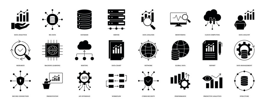 Data analytics icon set. Big data analysis technology symbol. Containing database, statistics, analytics, server, performance, monitoring, computing and network icons. Solid icons vector collection. e