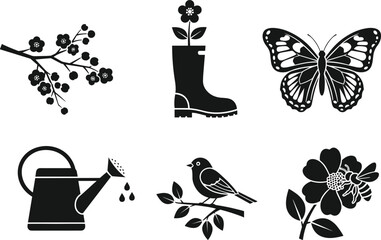 Black silhouette garden and nature icon set featuring flowers, butterfly, bird, watering can, and rubber boot illustrations for spring design themes