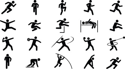 Black silhouette icon set of track and field athletes featuring running, hurdles, high jump, shot put, javelin, and pole vault. © Ariful
