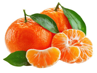 Two whole and sliced tangerines with green leaves