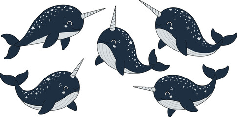 Narwhal cartoon vector set. Cute arctic sea unicorn whales in different poses. Minimal marine animals illustration isolated on white background. © HazelQueen