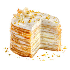 Layered crepe cake with creamy filling, topped with nuts, slice removed