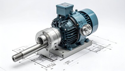 Industrial motor assembly with shaft, gear mechanism, and blueprint background