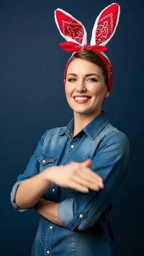 Beautiful young woman in denim shirt and red bandana bunny ears saluting against blue background, retro pin-up style portrait of a smiling female model