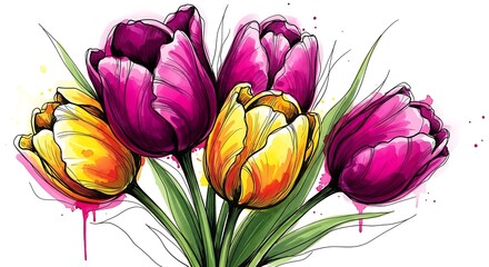 Watercolor Tulips - A Vibrant Floral Bouquet in Purple and Yellow.
