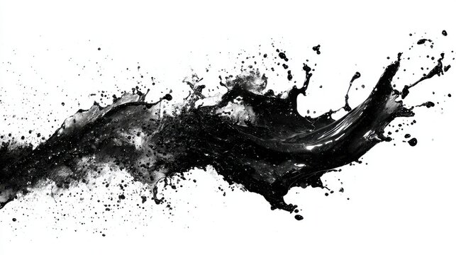 Dynamic black ink splash flowing horizontally across a white background abstract splatter