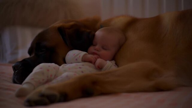 A toddler in pajamas hugs a giant saint bernard, pressing his cheek to its fur in a softly lit nursery with rim light at dusk, concept of unconditional love, safety and valentine's day affection