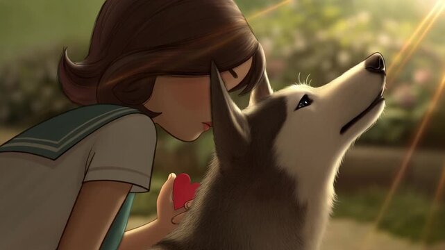 A girl whispers a secret to a siberian husky's ear while holding a paper heart in a blurred garden with magical morning light, concept of childhood secrets and valentine's day confessions