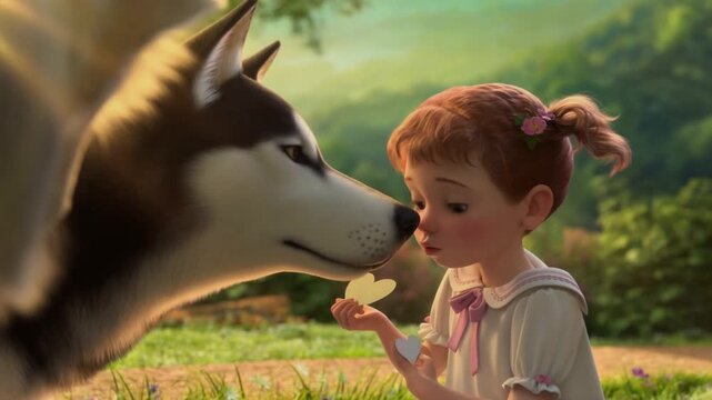A girl whispers a secret to a siberian husky's ear while holding a paper heart in a blurred garden with magical morning light, concept of childhood secrets and valentine's day confessions