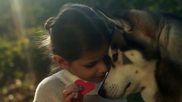 A girl whispers a secret to a siberian husky's ear while holding a paper heart in a blurred garden with magical morning light, concept of childhood secrets and valentine's day confessions
