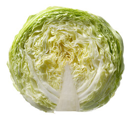 Close-up of a head of cabbage, sliced in half, showcasing the inner layers