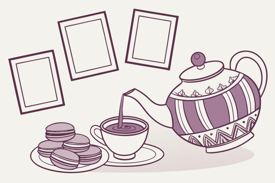 Elegant tea time gathering with decorative teapot pouring into cup, alongside delicious macarons and empty photo frames, cozy vector illustration