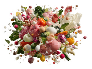 Exploding array of fresh produce, meats, and eggs on a clean, solid background