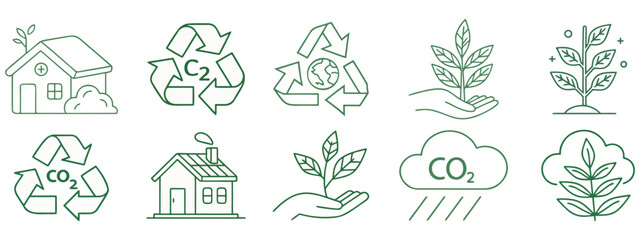 Obraz premium Eco Sustainability Icons – Green Line Art for Recycling, CO₂ Reduction, and Environmental Care .