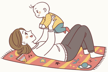 Obraz premium Happy mother playing with adorable baby, joyful parenthood moment, cute cartoon vector illustration of loving family bond and childcare activities, ideal for parenting themes.