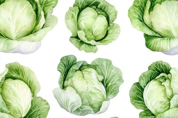 Fototapeta premium Watercolor seamless pattern of cabbage, isolated on a white background.