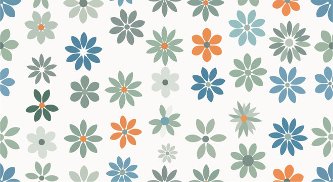 Seamless Vector Pattern of Flat Pastel Daisy Flowers on White Background