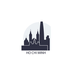 Obraz premium Ho Chi Minh logo, clip art with cityscape, skyline, panorama, sightseeing. Vector flat isolated illustration. Vietnam city image with landmarks and buildings