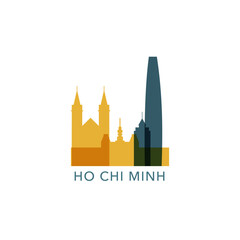 Fototapeta premium Ho Chi Minh logo, clip art with cityscape, skyline, panorama, sightseeing. Vector flat isolated illustration. Vietnam city image with landmarks and buildings