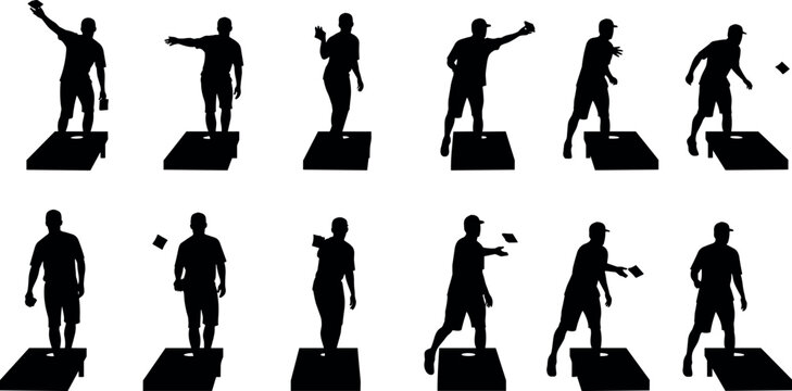 Silhouette Collection of Men Playing Cornhole Bean Bag Toss Game in Various Poses for Outdoor Recreation Vector