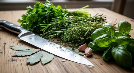 Fresh Herbs and Spices on Wooden Cutting Board with Knife.