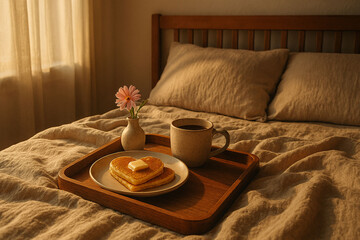 Cozy Sunlit Bedroom Breakfast with Heart-Shaped Pancakes