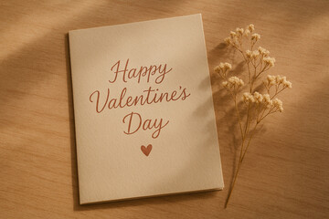 Warm Valentine&rsquo;s Day Card on Wooden Table with Dried Flowers