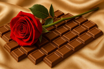 Red Rose on Milk Chocolate Over Champagne Silk Fabric