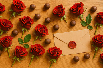 Red Roses and Chocolate Truffles Flat Lay on Rustic Wood
