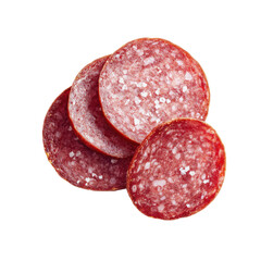 Salami slices stacked, showcasing texture & color on black backdrop