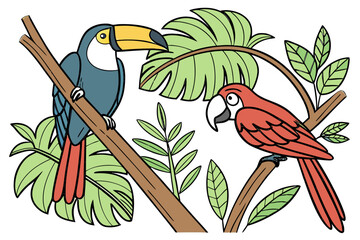 Obraz premium Vibrant tropical birds on a branch - vector illustration