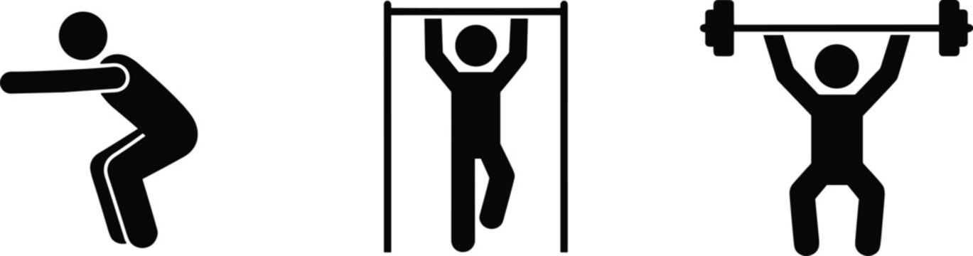 Fitness exercise pictogram icons set, squat pull up and weightlifting symbols, gym workout silhouettes isolated on white background