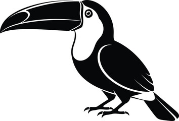 Obraz premium Black silhouette of toucan tropical bird with large beak isolated on white background, exotic jungle wildlife animal vector illustration for nature logo and design. (25 words)