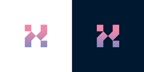 Modern abstract geometric logo design with a gradient of pink and purple on white and navy backgrounds