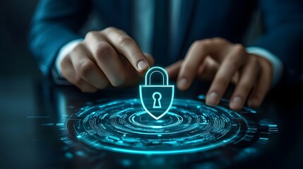 Business professional activates digital security protection with glowing shield icon
