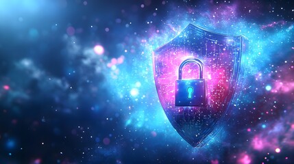 Glowing digital shield with a locked padlock hovers in a vibrant cosmic environment