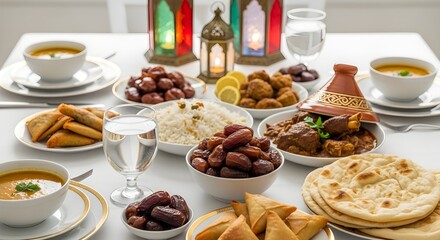 Fototapeta premium Delicious spread of Middle Eastern cuisine with dates and lanterns