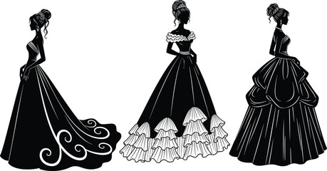 Black Silhouette Set of Elegant Princess Gowns Featuring Three Various Ball Gown Styles for Wedding Bridal Gala Formal Event and Luxury Fashion Vector Illustration © MdMamunur