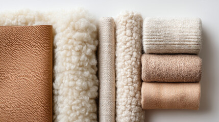 Collection of cozy, textured fabrics including leather, shearling, linen, and knitwear in neutral tones. A curated selection of soft and warm materials arranged side-by-side.