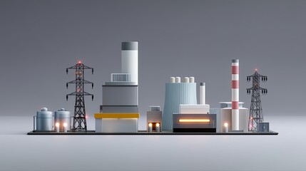 Fototapeta premium Modern Industrial Power Plant with Cooling Towers, Transmission Lines, and Storage Tanks Against a Simple Gray Background