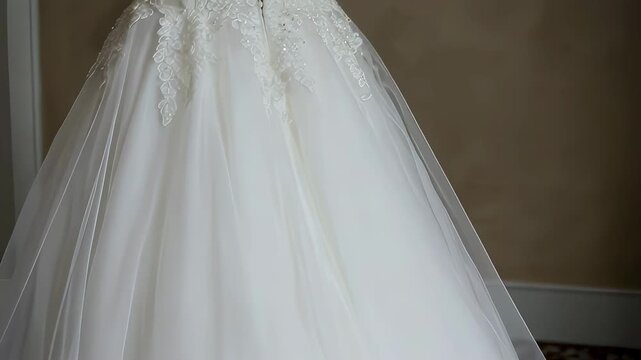 Elegant white wedding dress with intricate bead and lace detail captured in full length from top bodice to flowing skirt