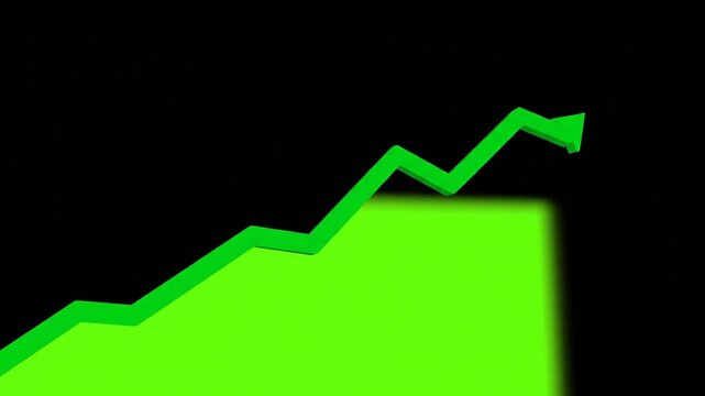 A green chart graph rising upwards on a black background in a simple illustration style from a straightforward viewpoint