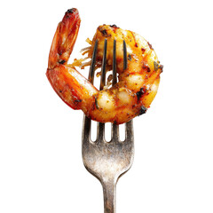 Grilled shrimp skewered on an antique silver fork against a dark backdrop