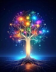 A digital tree with glowing circuits and a radiant, starry background