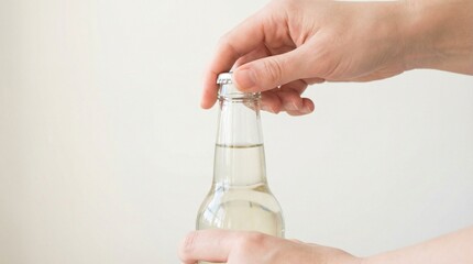 White woman with casual mood opening bottle in bright home interior close-up with copy space