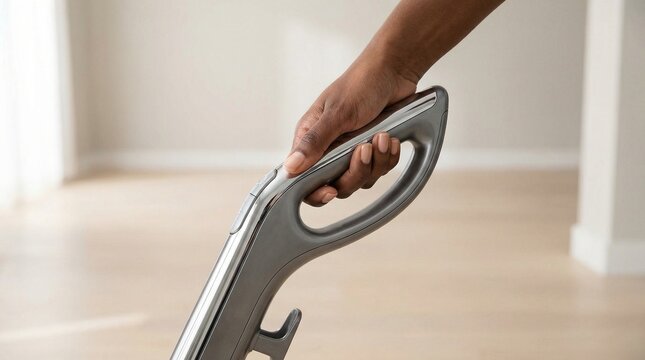 Black woman with active mood holding vacuum while cleaning bright home interior close-up with copy space