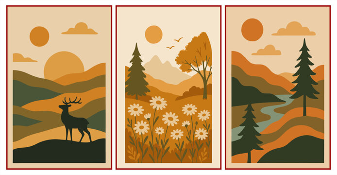 Boho minimalist nature landscape set with deer, flowers and river in earth tones mid-century modern style.