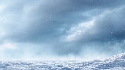 Fototapeta premium Ethereal Winter Landscape with Snow-Covered Ground and Dramatic Cloudy Sky over a Quiet Frozen Horizon