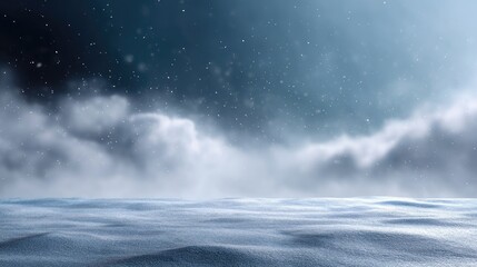 Fototapeta premium Serene Winter Landscape with Snowy Terrain and Soft Cloudy Sky Featuring Gentle Snowfall in a Calm Scandinavian Atmosphere