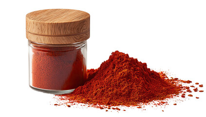 Red spice powder in glass jar with wood lid, beside spilled pile on black